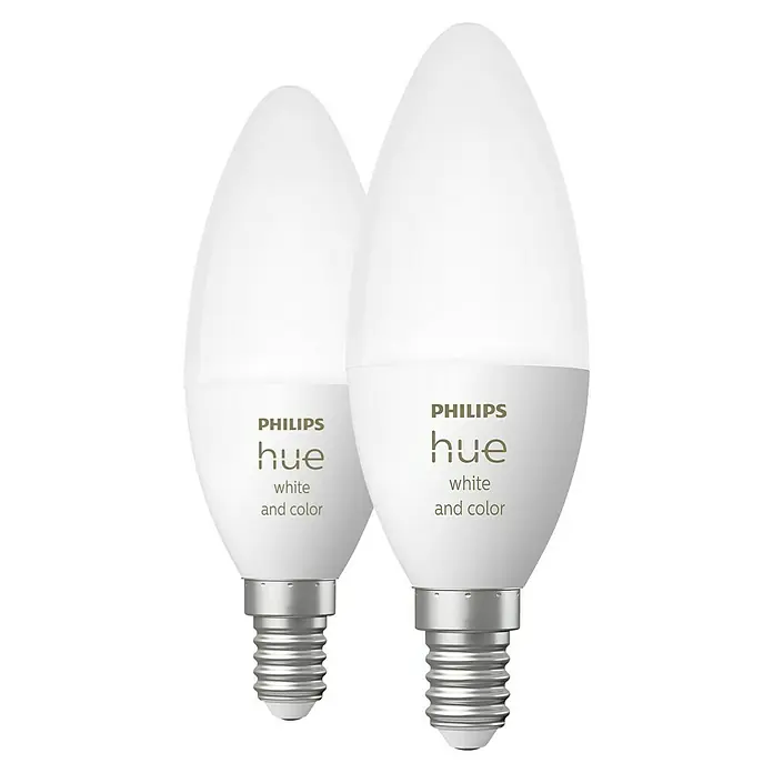 Philips Hue Smart-LED-Lampen Set - E14, Dimmbar, RGBW, 470 lm, 5,3 W - Zwei Philips Hue White and Color Ambiance E14 Kerzenlampen, die intelligente Beleuchtung mit Farbwechsel ermöglichen.