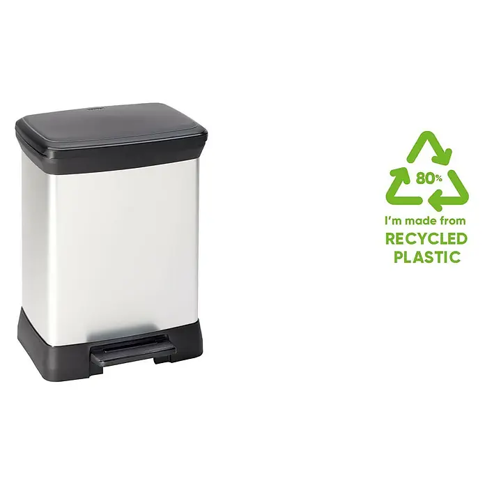 Keter Treteimer Deco Bin Metallics Duo - 30 l, Metall, Schwarz/Silber - Abfallbehälter aus Edelstahl mit schwarzem Deckel und Pedal, der zu 80% aus recyceltem Kunststoff hergestellt wurde, für eine umweltfreundliche Entsorgung.