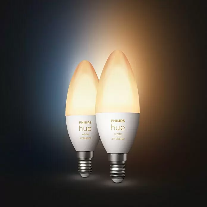 Philips Hue Smart-LED-Lampen Set White Ambiance - E14, Dimmbar, Warmweiß, 470 lm, 5,2 W, 2 Stk. - Bildausschnitt