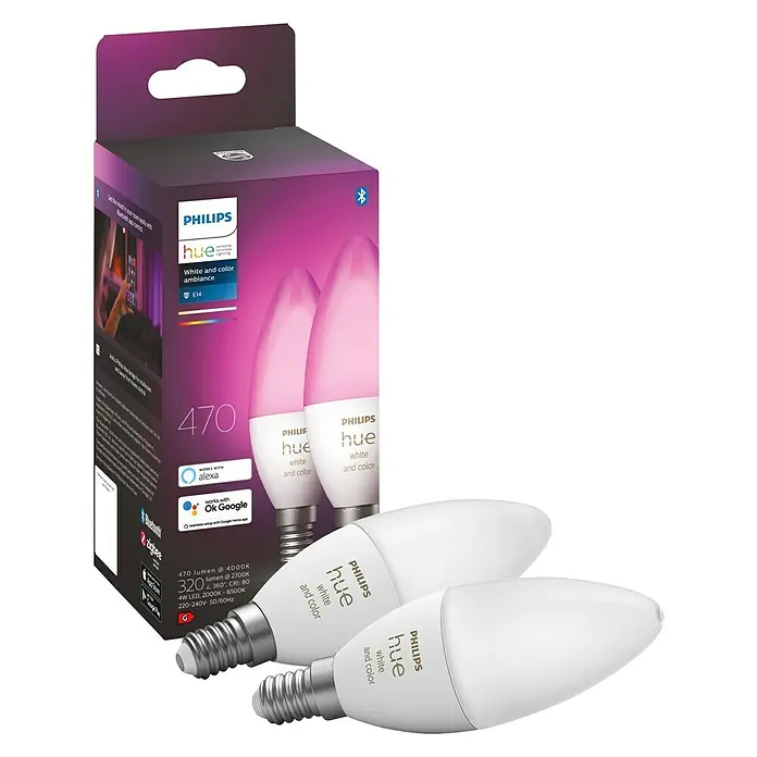 Philips Hue Smart-LED-Lampen Set - E14, Dimmbar, RGBW, 470 lm, 5,3 W - Eine Packung Philips Hue White & Color Ambiance E14-Glühbirnen, die intelligente Beleuchtung für Ihr Zuhause bietet.