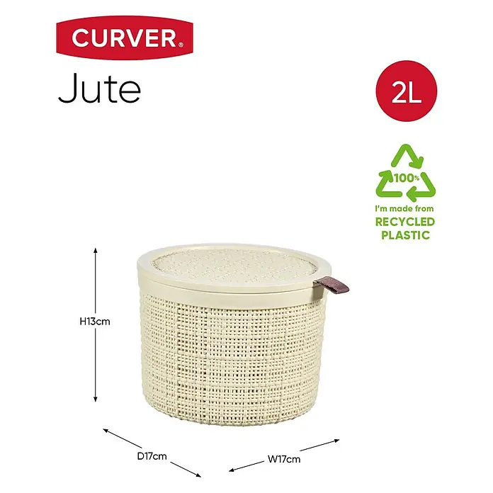 Curver Aufbewahrungsbox Jute - Ø x H: 17,1 x 12,6 cm, Cremeweiß - Jute-Aufbewahrungsbehälter von Curver, 2 Liter Fassungsvermögen, aus recyceltem Kunststoff, mit den Maßen H13cm x T17cm x B17cm.