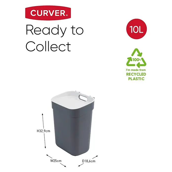 Curver Standard Mülleimer Ready to Collect - 10 l, Kunststoff, Dunkelgrau - Abbildung eines CURVER "Ready to Collect" Abfallbehälters mit 10L Fassungsvermögen aus recyceltem Kunststoff und den Maßen H32,9cm x B25cm x T18,6cm.