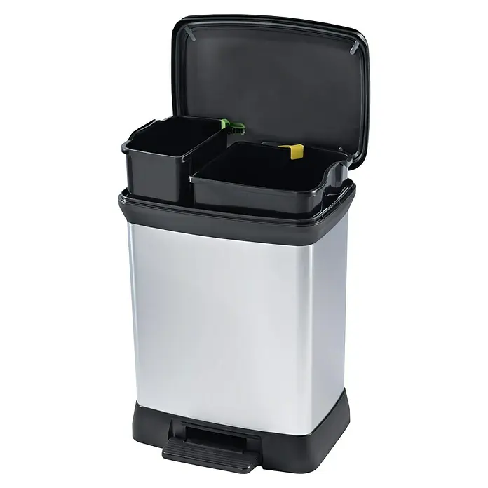 Keter Treteimer Deco Bin Metallics Duo - 30 l, Metall, Schwarz/Silber - Ein silberner Abfallbehälter mit zwei Fächern und einem schwarzen Deckel, ideal für die Mülltrennung in Küche oder Büro.