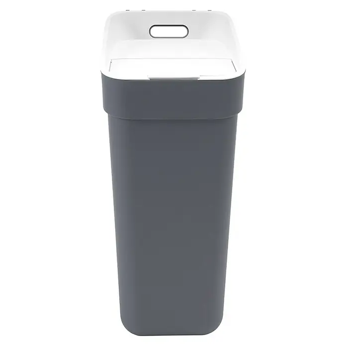 Curver Standard Mülleimer Ready to Collect - 30 l, Kunststoff, Dunkelgrau - Ein schlanker, grauer Treteimer mit weißem Deckel und praktischem Tragegriff, ideal für Badezimmer oder Küche.