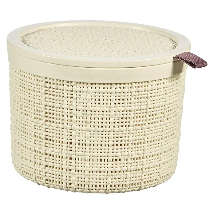 Curver Aufbewahrungsbox Jute - Ø x H: 17,1 x 12,6 cm, Cremeweiß - Ein cremefarbener, runder Korb mit Deckel aus Kunststoffgeflecht. Eine dekorative und praktische Aufbewahrungslösung.