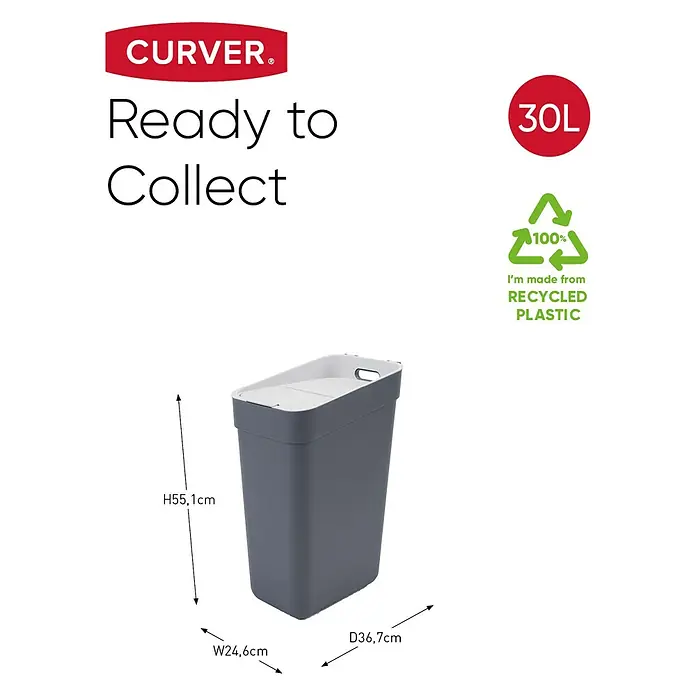 Curver Standard Mülleimer Ready to Collect - 30 l, Kunststoff, Dunkelgrau - Produktbild des Curver "Ready to Collect" Abfalleimers mit 30L Fassungsvermögen, hergestellt aus recyceltem Kunststoff.