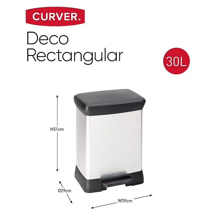 Keter Treteimer Deco Bin Metallics Duo - 30 l, Metall, Schwarz/Silber - Bild eines silberfarbenen Curver Deco Rectangular 30L Treteimer, der mit einer Höhe von 51cm, Tiefe von 29cm und Breite von 39cm beschrieben ist.
