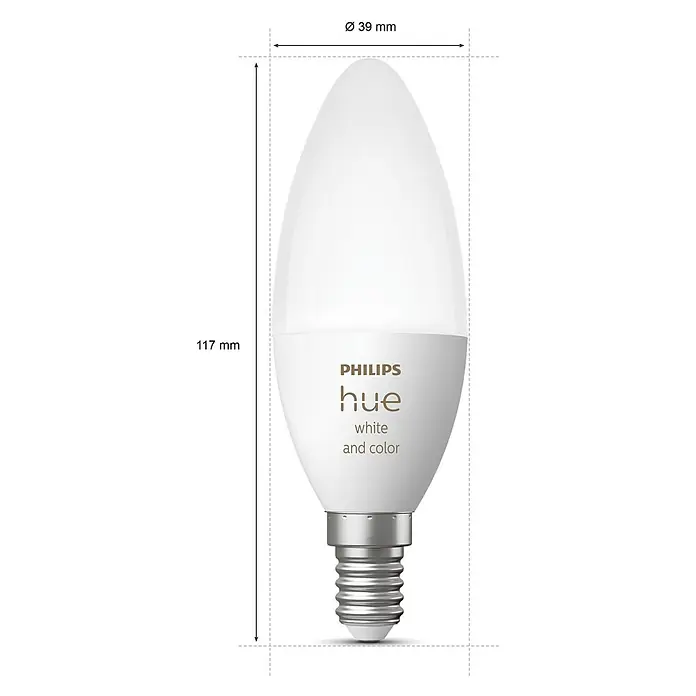 Philips Hue Smart-LED-Lampen Set - E14, Dimmbar, RGBW, 470 lm, 5,3 W - Philips Hue White & Color Ambiance Kerze E14 mit den Maßen Ø 39 mm und 117 mm Höhe. Intelligente Beleuchtung für Ihr Zuhause.