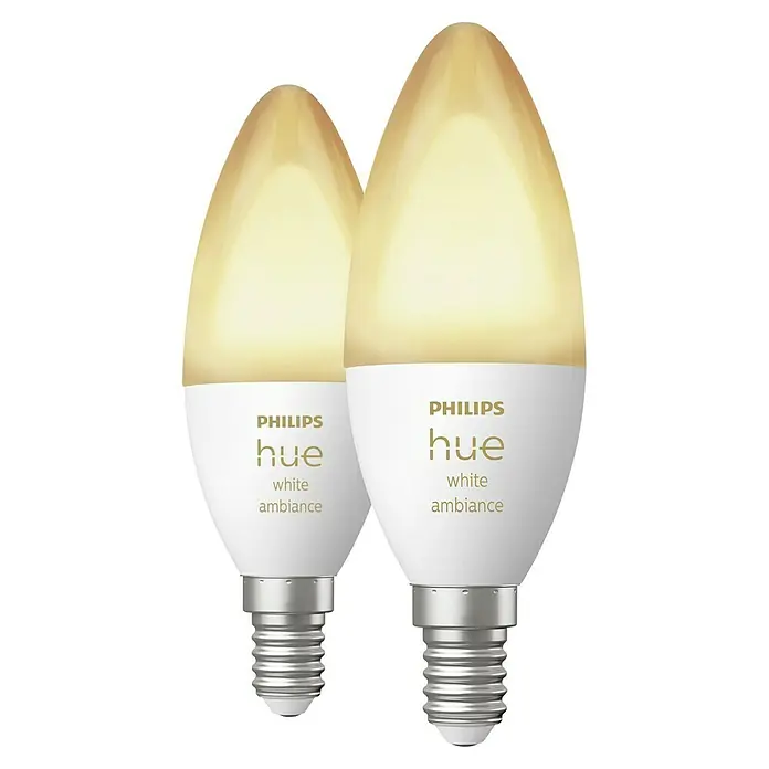 Philips Hue Smart-LED-Lampen Set White Ambiance - E14, Dimmbar, Warmweiß, 470 lm, 5,2 W, 2 Stk. - Zwei Philips Hue White Ambiance Kerzenlampen im Fokus, die warmes, dimmbares Licht für eine angenehme Atmosphäre bieten.