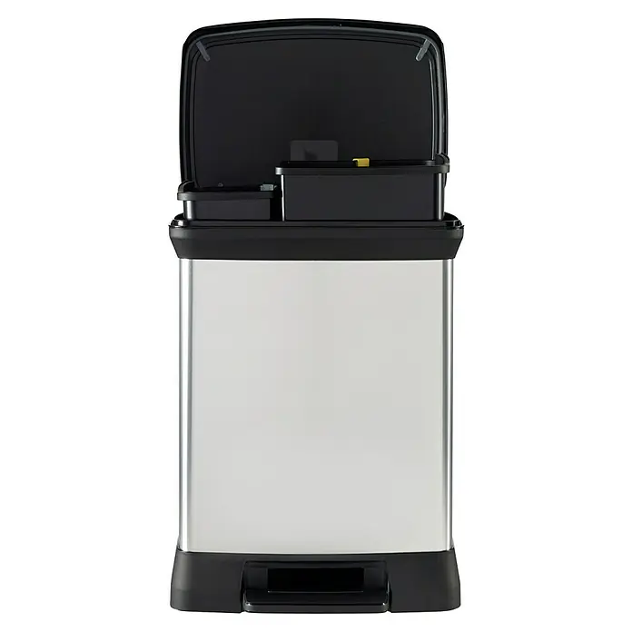 Keter Treteimer Deco Bin Metallics Duo - 30 l, Metall, Schwarz/Silber - Abgebildeter Treteimer aus Edelstahl mit schwarzem Deckel und schwarzen Akzenten. Der Mülleimer hat ein schlankes, modernes Design und ist leicht zu bedienen.