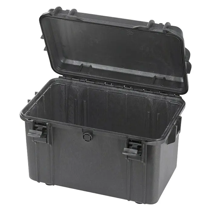 Wasserdichter Koffer MAX400 - L x B x H: 456 x 290 x 318 mm, Ohne Schaumstoffeinlage, Schwarz, Kunststoff - Offene schwarze Schutzkiste zur sicheren Aufbewahrung von Ausrüstung, ideal für Transport und Lagerung.