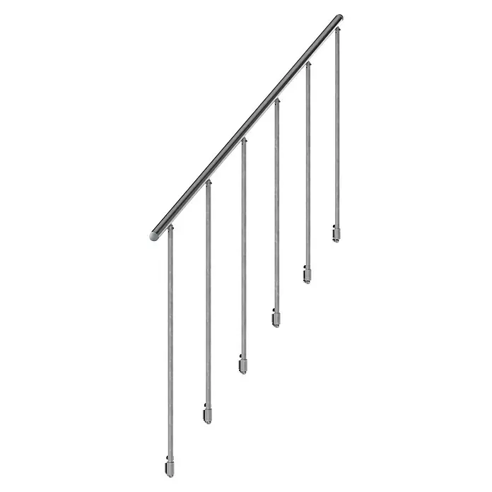 Dolle Außentreppe Gardentop - Gitterroststufen, Feuerverzinkte Geländerstäbe, Breite: 80 cm, Anzahl Stufen: 6 Stk., Geschosshöhe: 108 cm - 132 cm - Dieses Bild zeigt ein modernes Treppengeländer aus Edelstahl mit minimalistischem Design und klaren Linien für ein zeitgemäßes Ambiente.