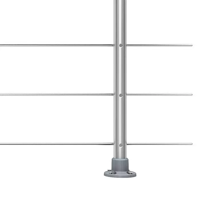 Dolle Geländer-Set PS 020 - Oberbodenmontage, Aluminium, Eiche, Länge: 150 cm - Silberner Metallgeländerpfosten mit vier Querstäben und grauem Rundsockel.