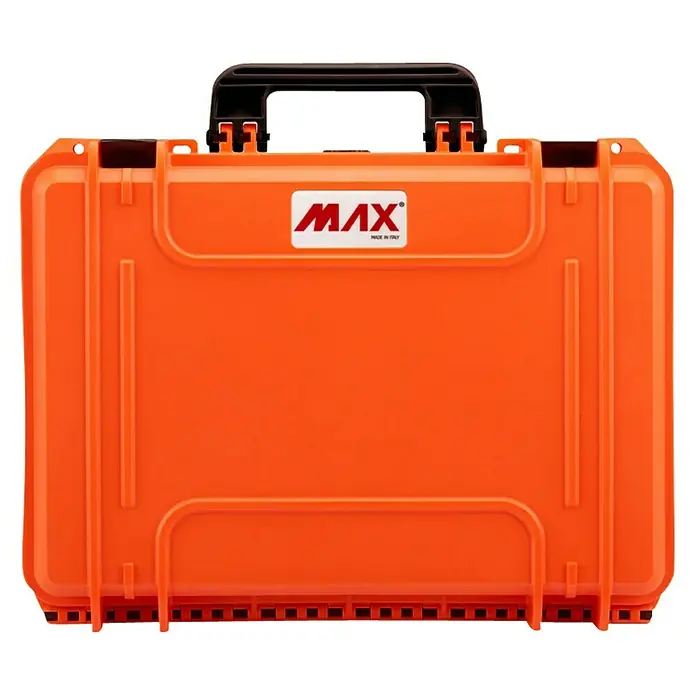 Wasserdichter Koffer MAX430 - L x B x H: 464 x 366 x 176 mm, Kunststoff, Ohne Schaumstoffeinlage, Orange - Eine orangefarbene MAX-Schutzkiste, ideal für den sicheren Transport empfindlicher Geräte und Ausrüstung. Robuste Bauweise für maximalen Schutz.