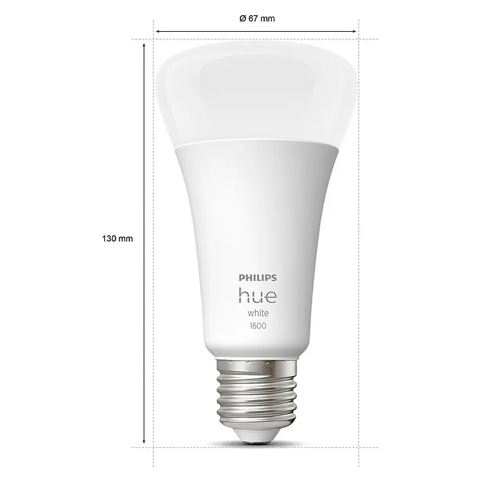 Philips Hue Smart-LED-Lampe White - E27, Dimmbar, Warmweiß, 1.600 lm, 15,5 W, 1 Stk. - Produktbild einer Philips Hue White 1600 Glühbirne mit ihren Abmessungen, die eine Länge von 130 mm und einen Durchmesser von 67 mm zeigen.