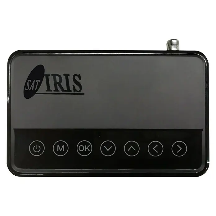 Metronic Receptor de satélite Iris - L x An x Al: 22 x 140 x 95 cm, Negro - Receptor Sat Iris con botones de control de menú. El dispositivo es compacto y negro. Conexión de antena visible.