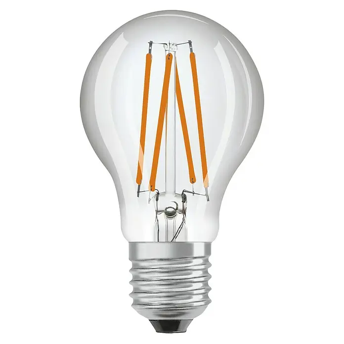 Osram LED-Lampe Osram LED-Lampe Glühlampenform E27 matt mit Tageslichtsensor - E27, Nicht Dimmbar, Warmweiß, 806 lm, 7,3 W - Nahaufnahme einer klaren LED-Glühbirne mit bernsteinfarbenen Filamenten und silbernem Schraubsockel vor einem schwarzen Hintergrund.