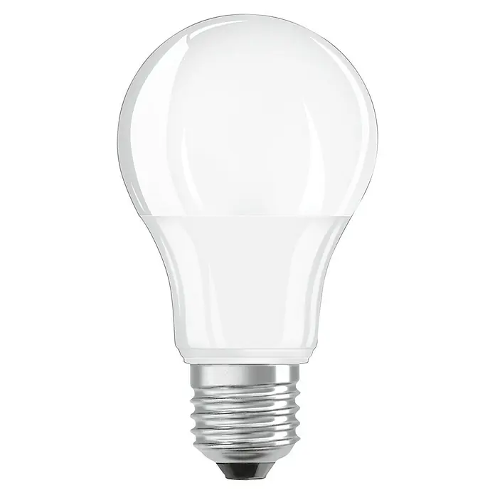 Osram LED-Lampe Glühlampenform E27 matt für Niederspannungssysteme - E27, Nicht Dimmbar, Kaltweiß, 940 lm, 9 W - Nahaufnahme einer LED-Glühbirne mit mattweißer Oberfläche und einem Metallsockel auf schwarzem Hintergrund.