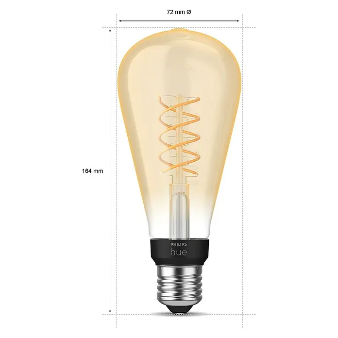 Philips Hue Bombilla LED inteligente Filamento Edison - E27, Intensidad regulable, Blanco cálido, 550 lm, 7 W, Denominación de la lámpara: ST72 - Primer plano de una bombilla Philips Hue Filament Edison ST72 con indicaciones de tamaño.