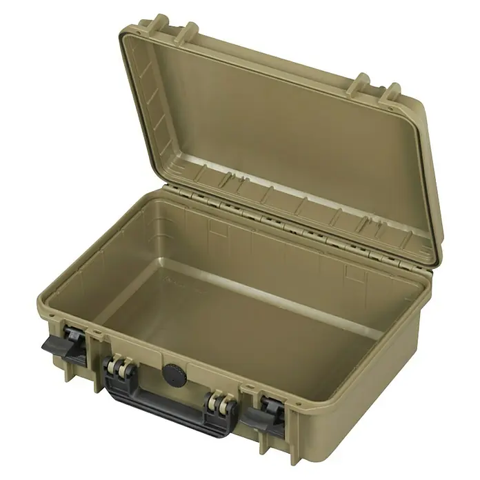 Wasserdichter Koffer MAX430 - L x B x H: 464 x 366 x 176 mm, Kunststoff, Ohne Schaumstoffeinlage, Sahara - Geöffnete, robuste, staubdichte und wasserdichte Hartschalenkoffer. Ideal für den Schutz von empfindlicher Ausrüstung unter extremen Bedingungen.