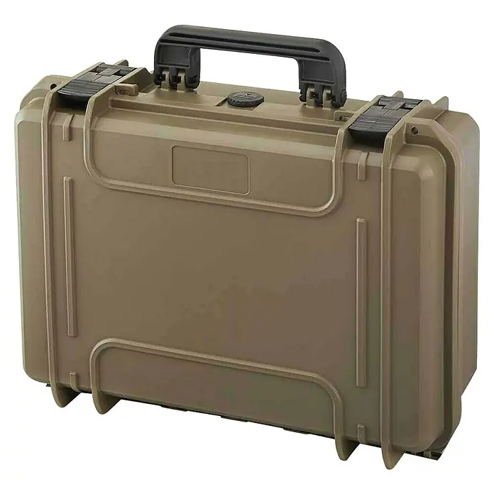 Wasserdichter Koffer MAX430 - L x B x H: 464 x 366 x 176 mm, Kunststoff, Mit Würfelschaumstoffeinlage, Sahara - Robuster, sandfarbener Werkzeugkoffer mit schwarzem Griff und stabilen Verschlüssen für den sicheren Transport von Ausrüstung.