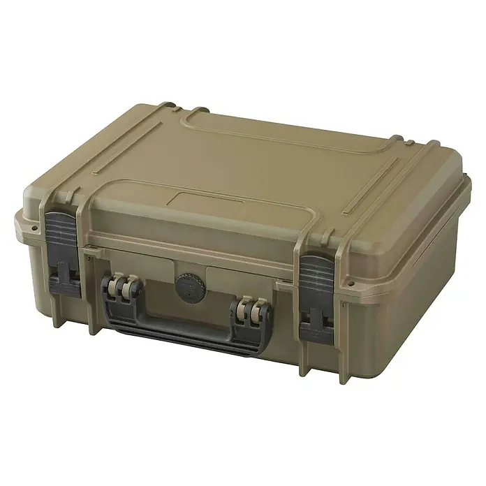 Wasserdichter Koffer MAX430 - L x B x H: 464 x 366 x 176 mm, Kunststoff, Mit Würfelschaumstoffeinlage, Sahara - Sandfarbener, robuster Hartschalenkoffer mit schwarzem Griff und Verschlüssen, ideal für den sicheren Transport von Ausrüstung.
