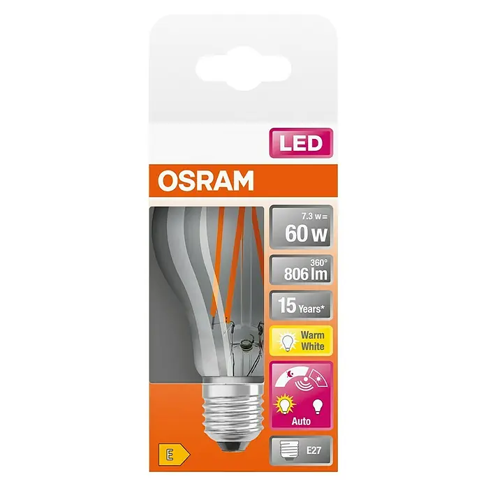 Osram LED-Lampe Osram LED-Lampe Glühlampenform E27 matt mit Tageslichtsensor - E27, Nicht Dimmbar, Warmweiß, 806 lm, 7,3 W - Das Bild zeigt eine Osram LED-Lampe mit 7.3W, die 60W entspricht und 806 Lumen erzeugt. Die Lampe hat eine Lebensdauer von 15 Jahren.