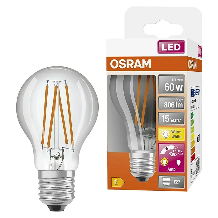 Osram LED-Lampe Osram LED-Lampe Glühlampenform E27 matt mit Tageslichtsensor - E27, Nicht Dimmbar, Warmweiß, 806 lm, 7,3 W - Produktaufnahme einer LED-Lampe von OSRAM mit E27-Sockel, warmweißem Licht und langer Lebensdauer.