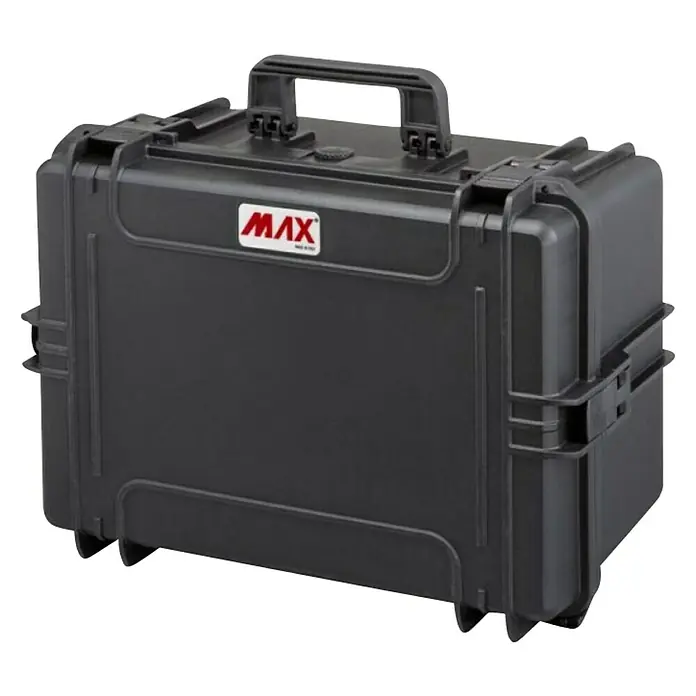Wasserdichter Koffer MAX505 - L x B x H: 555 x 428 x 306 mm, Ohne Schaumstoffeinlage, Schwarz, Kunststoff - Schwarzer MAX Koffer mit Tragegriff und Logo. Der robuste Koffer bietet sicheren Schutz für empfindliche Gegenstände.