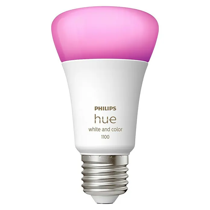Philips Hue Smart-LED-Lampen Set White & Color - E27, Dimmbar, RGBW, 1.100 lm, 9 W, 1 Stk. - Abbildung einer Philips Hue White and Color 1100 LED-Lampe mit rosa Farbton und E27-Sockel auf schwarzem Hintergrund.