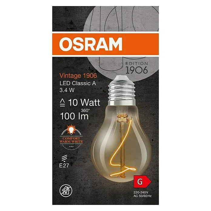 Osram LED-Lampe Vintage Edition 1906 Glühlampenform E27 - E27, Nicht Dimmbar, Warmweiß, 100 lm, Birne, Smoke - Nahaufnahme einer OSRAM Vintage 1906 LED-Lampe, die mit ihrem warmweißen Licht eine gemütliche Atmosphäre erzeugt.