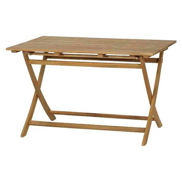 Siena Garden Falun Gartentisch - L x B x H: 120 x 80 x 73,5 cm, Akazie, Rechteckig, Natur - Das Bild zeigt einen Klapptisch aus Holz mit einer rechteckigen Tischplatte und einem X-förmigen Gestell. Ideal für den Garten oder Balkon.