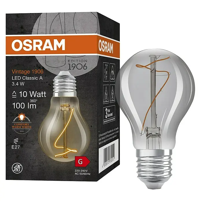 Osram LED-Lampe Vintage Edition 1906 Glühlampenform E27 - E27, Nicht Dimmbar, Warmweiß, 100 lm, Birne, Smoke - Produktbild: OSRAM Vintage 1906 LED Classic A 3.4W Lampe. Warmweißes Licht, ideal für Wohnräume, mit E27 Sockel für einfache Installation.