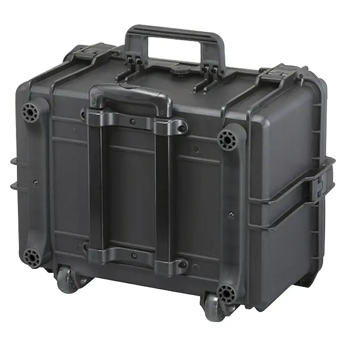 Wasserdichter Koffer MAX505TR - L x B x H: 555 x 437 x 326 mm, Ohne Schaumstoffeinlage, Ausziehbarer Trolley, Schwarz, Kunststoff - Bild eines robusten, schwarzen Rollenkoffers mit mehreren Griffen und Rädern, ideal für den sicheren Transport empfindlicher Ausrüstung.