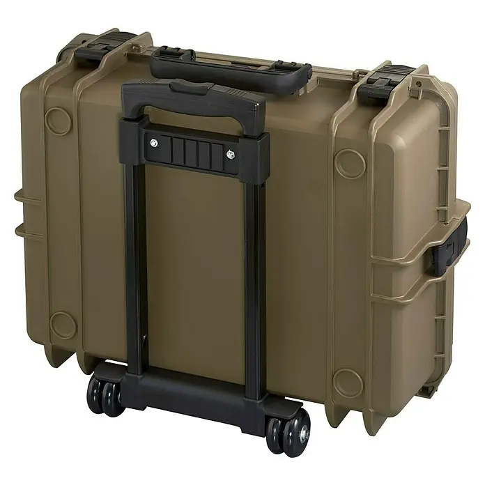 Wasserdichter Koffer MAX505TR - L x B x H: 555 x 445 x 258 mm, Ohne Schaumstoffeinlage, Ausziehbarer Trolley, Sahara, Kunststoff - Ein robuster, olivgrüner Rollkoffer mit schwarzem Griff und Rollen für den sicheren Transport von Ausrüstung.