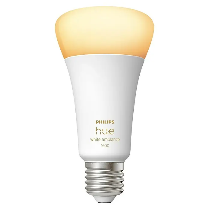 Philips Hue Smart-LED-Lampen Set White AmbianceE27, Dimmbar, Warmweiß, 1.600 lm, 13 W, 1 Stk. - Nahaufnahme einer Philips Hue White Ambiance 1600 Glühbirne mit warmem Licht, die fortschrittliche Technologie und Komfort vereint.