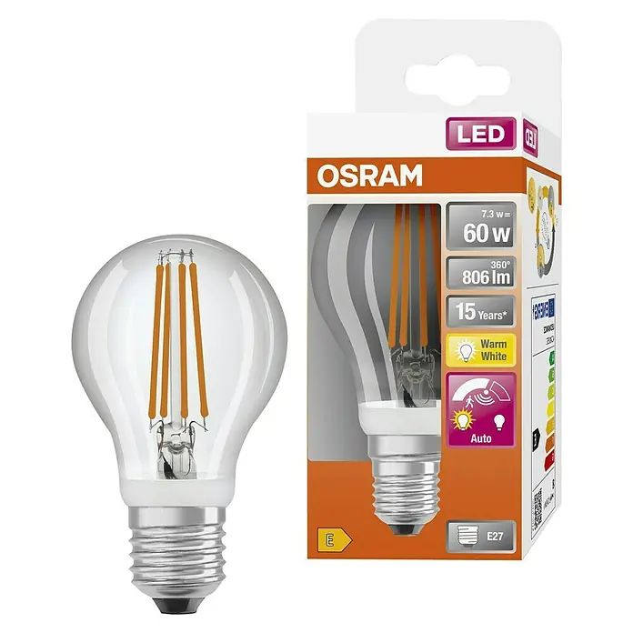 Osram LED-Lampe Glühlampenform E27 klar - E27, Nicht Dimmbar, Warmweiß, 806 lm, 7,3 W - LED-Lampe der Marke Osram mit klarem Glaskolben und E27-Sockel, ideal für stimmungsvolle Beleuchtung.