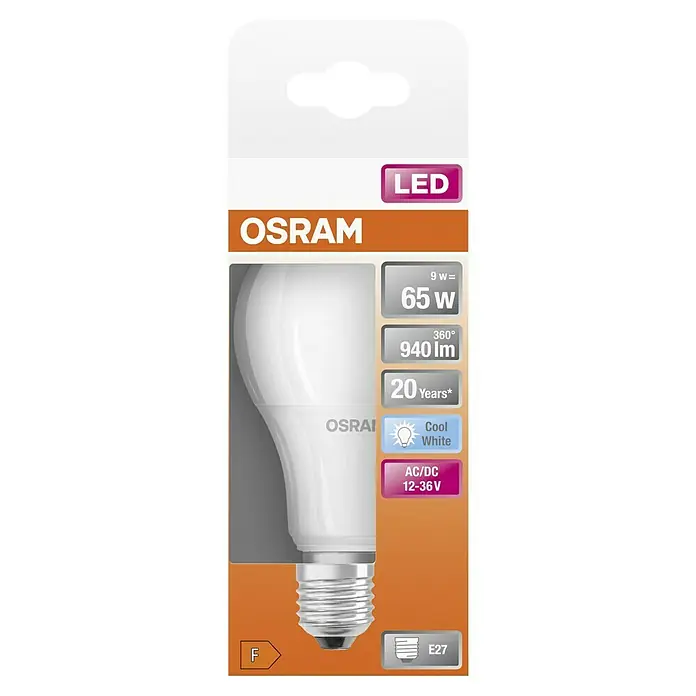 Osram LED-Lampe Glühlampenform E27 matt für Niederspannungssysteme - E27, Nicht Dimmbar, Kaltweiß, 940 lm, 9 W - Verpackung einer Osram LED-Lampe, die 9W verbraucht, aber 65W entspricht, mit E27-Sockel und kaltweißem Licht.