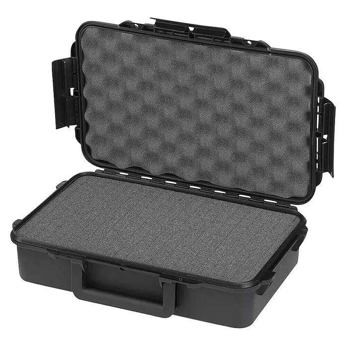 Wasserdichter Koffer MAX GRIP - L x B x H: 350 x 230 x 86 mm, Mit Würfelschaumstoffeinlage, Schwarz, Kunststoff - Geöffneter schwarzer Hartschalenkoffer mit Noppenschaumstoffauskleidung für sicheren Transport empfindlicher Gegenstände.