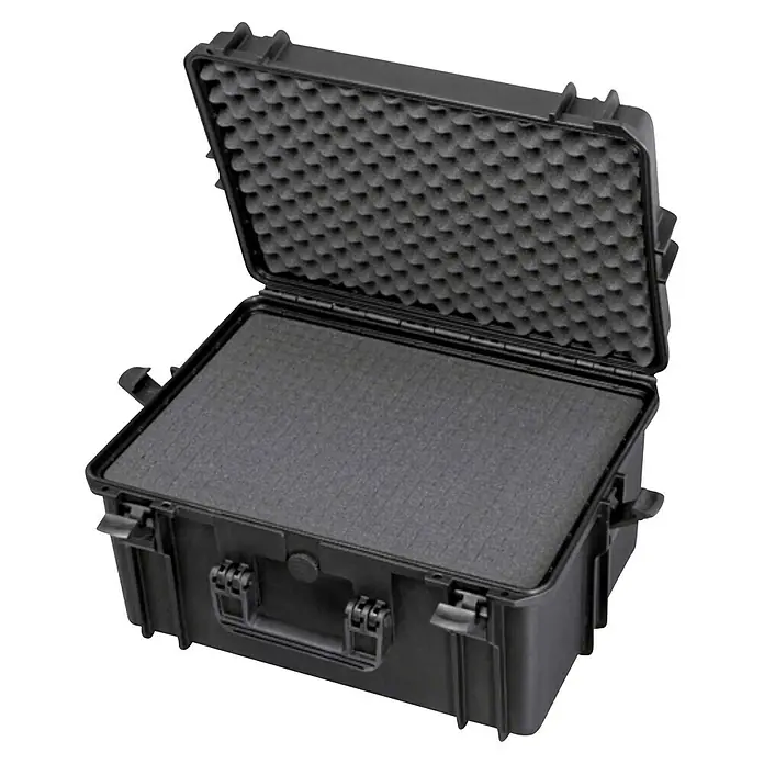 Wasserdichter Koffer MAX505 - L x B x H: 555 x 428 x 306 mm, Mit Würfelschaumstoffeinlage, Schwarz, Kunststoff - Geöffneter, schwarzer Schutzkoffer mit Noppenschaumstoff-Füllung für sicheren Transport empfindlicher Gegenstände.
