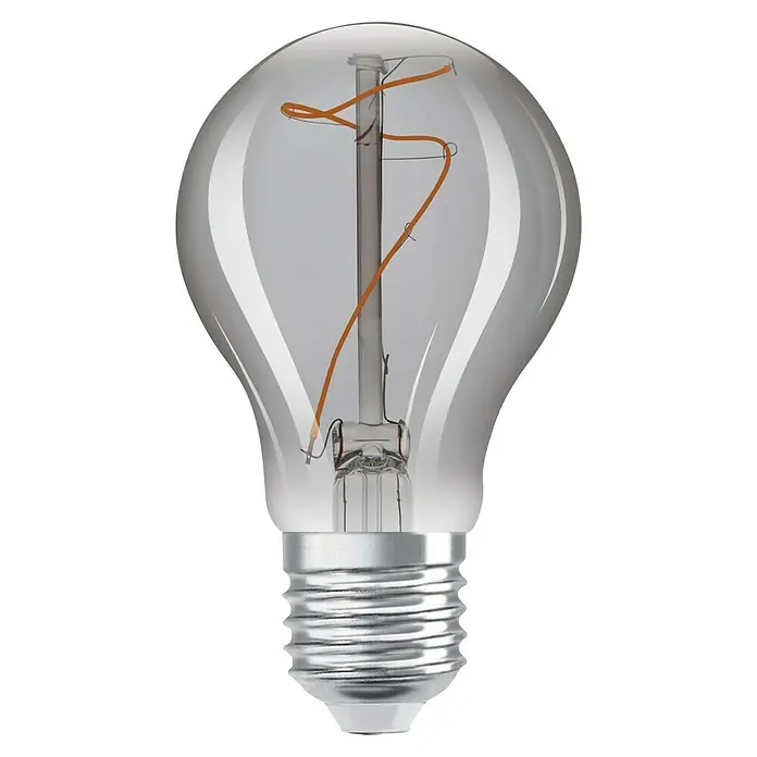Osram LED-Lampe Vintage Edition 1906 Glühlampenform E27 - E27, Nicht Dimmbar, Warmweiß, 100 lm, Birne, Smoke - Nahaufnahme einer klaren Glühbirne mit sichtbarem Glühfaden und silbernem Sockel vor schwarzem Hintergrund. Elegante Beleuchtung für Ihr Zuhause.