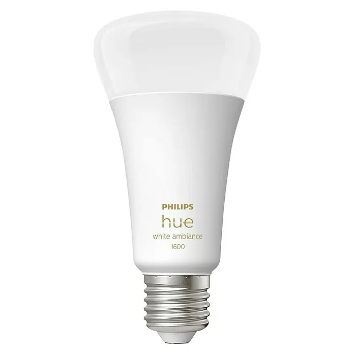 Philips Hue Smart-LED-Lampen Set White Ambiance - E27, Dimmbar, Warmweiß, 1.600 lm, 13 W, 1 Stk. - Nahaufnahme einer Philips Hue White Ambiance 1600 LED-Lampe mit verstellbarem Weißton für eine angenehme Atmosphäre.