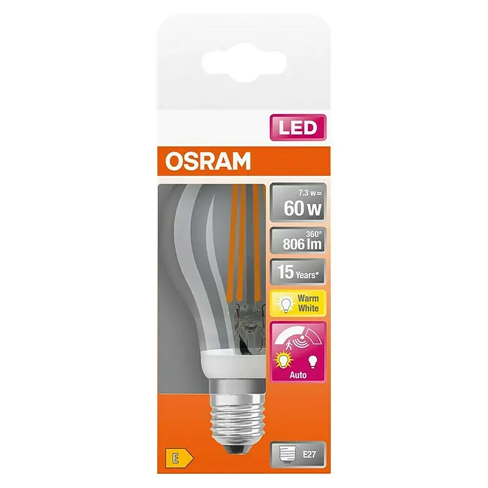 Osram LED-Lampe Glühlampenform E27 klar - E27, Nicht Dimmbar, Warmweiß, 806 lm, 7,3 W - Verpackung einer Osram LED-Lampe mit 7,3W, die 60W entspricht, 806 Lumen, warmweißes Licht, 15 Jahre Lebensdauer und E27-Sockel.