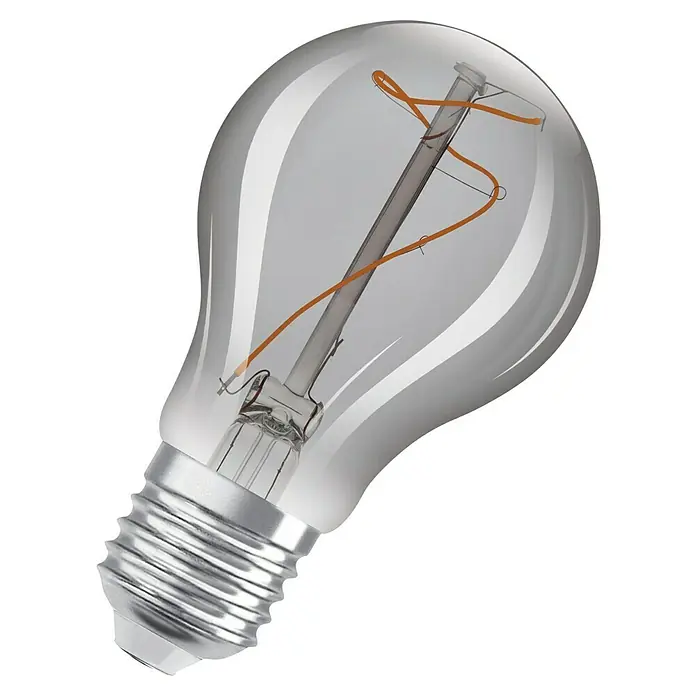 Osram LED-Lampe Vintage Edition 1906 Glühlampenform E27 - E27, Nicht Dimmbar, Warmweiß, 100 lm, Birne, Smoke - Nahaufnahme einer klaren Glühbirne mit einem gewundenen Glühfaden. Die Glühbirne hat einen silbernen Sockel und einen transparenten Glaskörper.