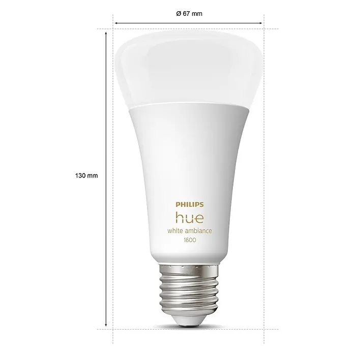 Philips Hue Smart-LED-Lampen Set White Ambiance - E27, Dimmbar, Warmweiß, 1.600 lm, 13 W, 1 Stk. - Darstellung einer Philips Hue White Ambiance 1600 Glühbirne mit den Maßen Durchmesser 67 mm und Länge 130 mm.