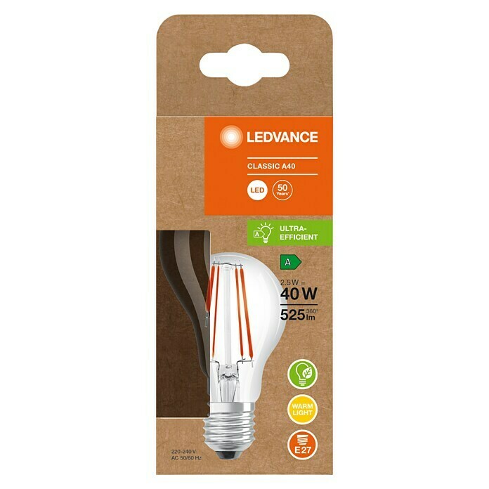 Ledvance LED-Lampe Glühlampenform E27 klar (E27, Nicht Dimmbar, Warmweiß, 525 lm, 2,5 W) | BAUHAUS