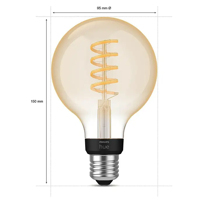 Philips Hue Smart-LED-Lampe White Ambiance Filament - E27, Dimmbar, Warmweiß, 550 lm, 7 W, Lampenbezeichnung: G93, 1 Stk. - Abbildung einer Philips Hue Filament Lampe mit einer Höhe von 150 mm und einem Durchmesser von 95 mm. Sie hat ein warmes, bernsteinfarbenes Leuchten.