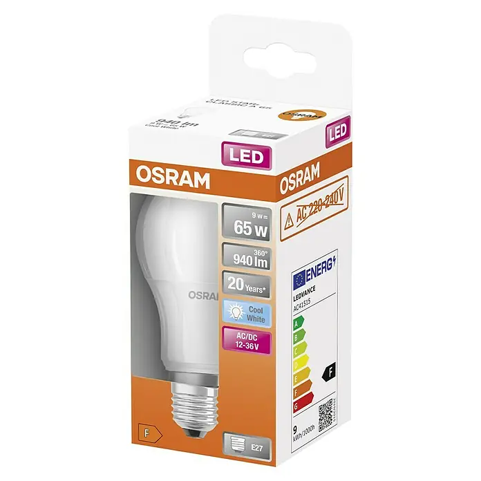 Osram LED-Lampe Glühlampenform E27 matt für Niederspannungssysteme - E27, Nicht Dimmbar, Kaltweiß, 940 lm, 9 W - Produktbild der Osram LED-Lampe, 9W, 65W äquivalent, 940 Lumen, 20 Jahre Lebensdauer, kaltweiß, AC/DC 12-36V, E27 Sockel.
