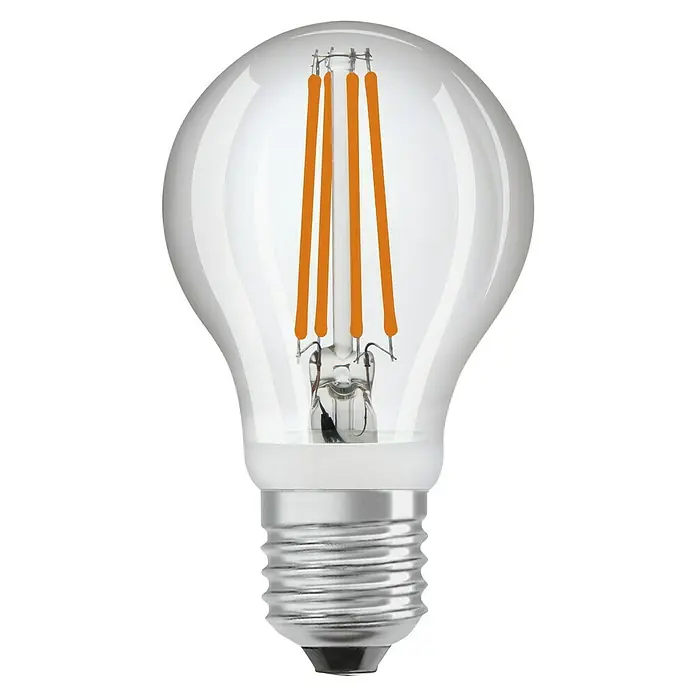 Osram LED-Lampe Glühlampenform E27 klar - E27, Nicht Dimmbar, Warmweiß, 806 lm, 7,3 W - Nahaufnahme einer klaren LED-Filamentlampe mit einem silbernen Schraubsockel vor einem schwarzen Hintergrund.
