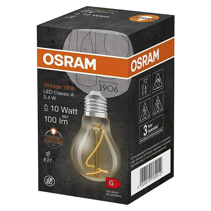 Osram LED-Lampe Vintage Edition 1906 Glühlampenform E27 - E27, Nicht Dimmbar, Warmweiß, 100 lm, Birne, Smoke - Produktverpackung: Osram Vintage 1906 LED Classic A 3.4 W, 10 Watt, 100 lm, warmweißes Licht, E27 Sockel. Mit 3 Jahren Garantie.